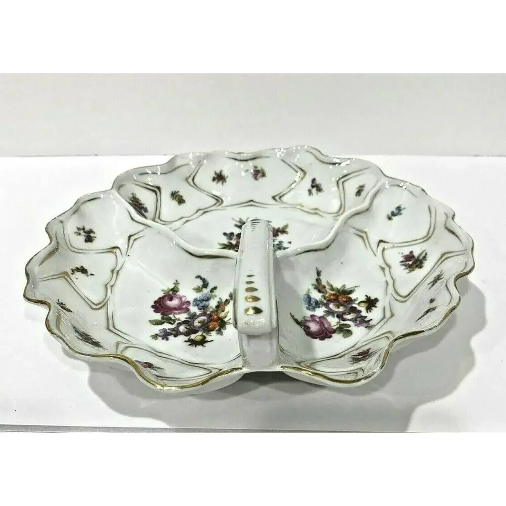 Vintage porcelain center handle server bowl 3-part vegie display white & floral